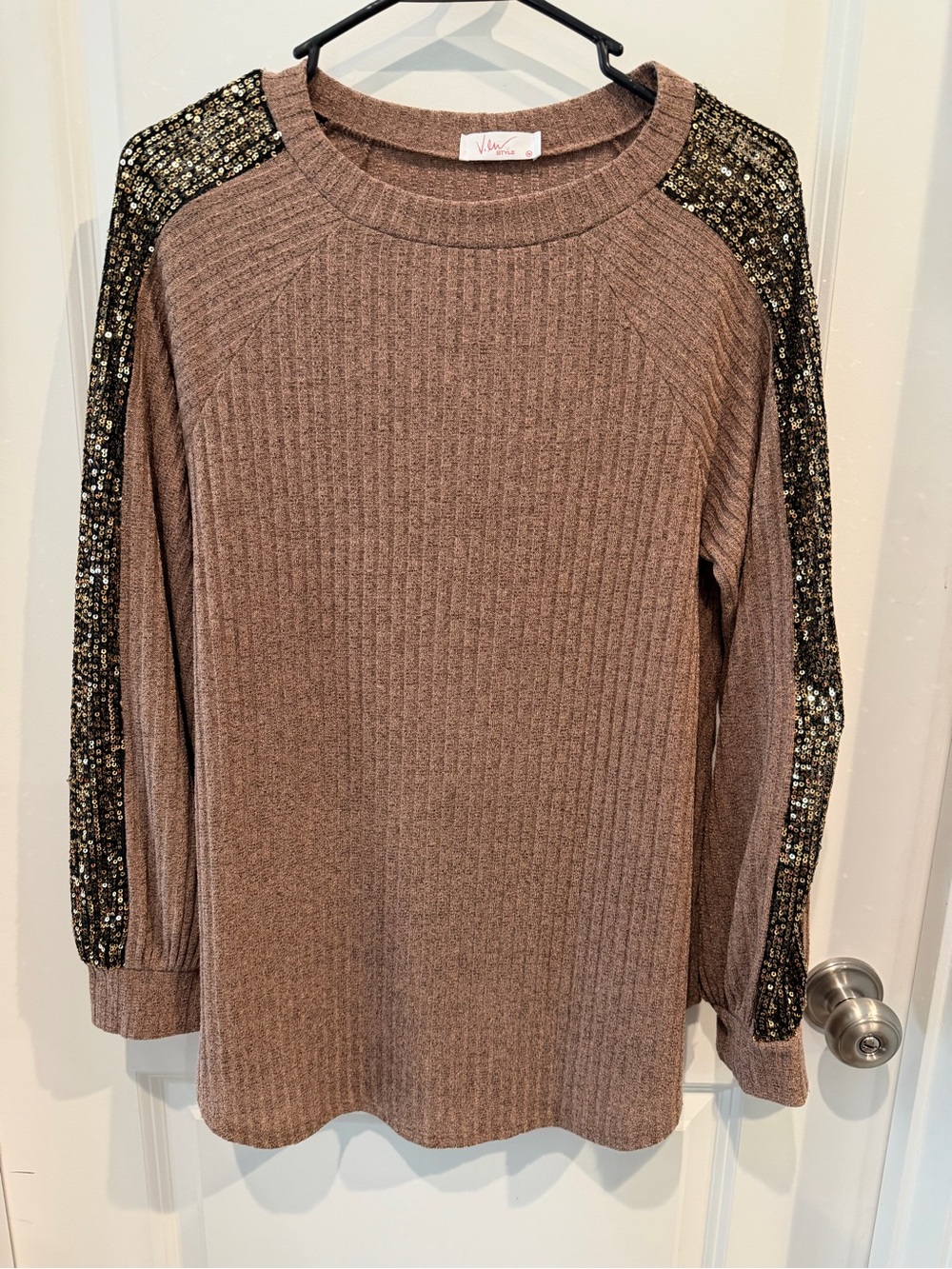 Ribbed Sweater with Sequin-Embellished Sleeves Size Medium